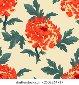 Seamless summer pattern with chrysanthemum on pastel background Garden autumn red flowers beautiful modern hand drawn texture Flat vector wallpaper for gift wrap, fabric prints, invitations, covers