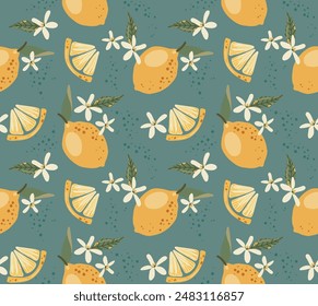 Seamless summer pattern with citrus fruits. Yellow lemons and slices in leaves on a green background. Popular cute illustration. Vector print.