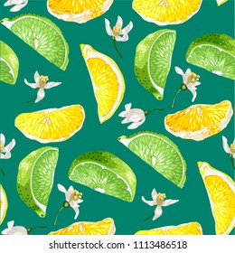 Seamless summer pattern with citrus slices of lemon and lime tree fruits and flowers in realistic vector illustration in bright colors
