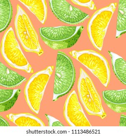 Seamless summer pattern with citrus slices of lemon and lime tree fruits in realistic vector illustration in bright colors