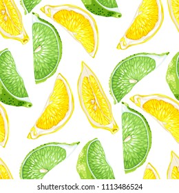 Seamless summer pattern with citrus slices of lemon and lime tree fruits in realistic vector illustration in bright colors