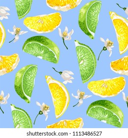 Seamless summer pattern with citrus slices of lemon and lime tree fruits and flowers in realistic vector illustration in bright colors