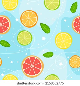 Seamless summer pattern from citrus slices. Refreshing juicy background with lemonade idea and lime, lemon, orange and grapefruit. Vector illustration on the theme of summer, sun, heat and relaxation.