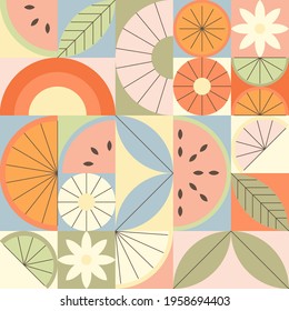 Seamless summer pattern with citrus and watermelon slices in abstract geometric style