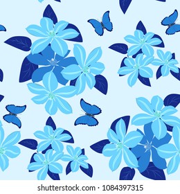 Seamless summer pattern with clematis and butterflies. For decorating textiles, packaging and wallpaper. Vector illustration.