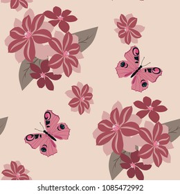 Seamless summer pattern with clematis and butterflies. For decorating textiles, packaging and wallpaper. Vector illustration.