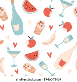 Seamless summer pattern with cocktail, apple, bottle, watermelon, ice cream, banana and heart.  Vector illustration for fabric, wrapping paper, wallpaper, textile, background