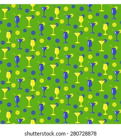 Seamless summer pattern with cocktails glasses isolated on green background