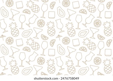 seamless summer pattern with cocktails and papaya, lemon, orange, pineapple fruits- vector illustration