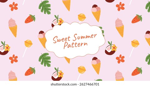 Seamless summer pattern with coconut cocktail, ice cream cone, lollipop, strawberry, leaves and tropical flowers. Bright beach vibe design for wrapping, branding, decor, textile. Vector illustration