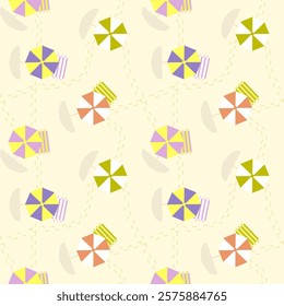 Seamless summer pattern with colorful beach umbrellas, striped towels, and footprints on a sandy background. Perfect for summer-themed designs, fabrics, packaging, and digital projects.