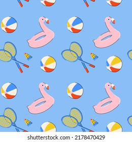 Seamless summer pattern with colorful flamingo, balls, rackets  in bright blue, pink, yellow colors in flat style. For print, package, wrapper, background.