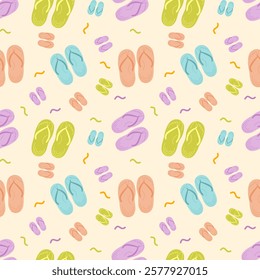 Seamless summer pattern with colorful flip-flops on a light background. Perfect for fabrics, wallpapers, packaging, and beach-themed designs. Bright, fun, and versatile for any summer project.