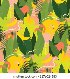 Seamless summer pattern with colorful jungle leaves, flamingos and fruits. Bright tropical summer pattern with pink  flamingos, bananas, mangos, peaches. Pattern with abstract mixed fruits in jungle﻿.