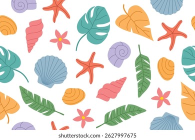 seamless summer pattern with colorful palm leaves and sea shells; perfect for beach-themed designs and tropical decor- vector illustration
