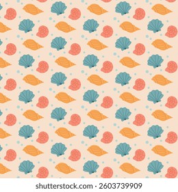 Seamless summer pattern with colorful seashells and bubbles on a light background. A decorative beach-inspired design in a flat style, perfect for textiles, wallpapers, and prints.