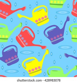 Seamless summer pattern with colorful watering can. Vector illustration.
