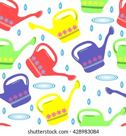 Seamless summer pattern with colorful watering can. Vector illustration.