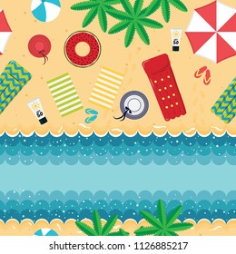 Seamless Summer Pattern. Cool Summer Sea And Beach. Top View Of Summer Beach With Sun Umbrella, Rubber Ring In Donut Form, Picnic Mat, Coconut Tree, Hat And Sea Wave On Sandy Beach.