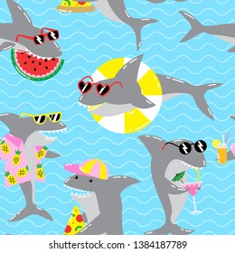 Seamless summer pattern with cool sharks in sunglasses