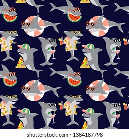 Seamless summer pattern with cool sharks in sunglasses