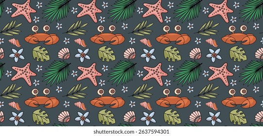 Seamless summer pattern with crab flowers, tropical leaves and shells. Beach holiday. Summer dark background. Vector