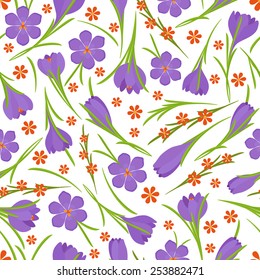 Seamless summer pattern with crocus flowers and red small flowers on white background. 