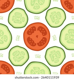 Seamless summer pattern with cucumber and tomato slices. Pieces of vegetables on a white background print. Vector hand drawn illustration.