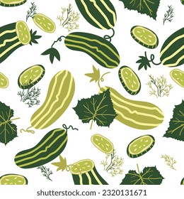 Seamless summer pattern with cucumbers and dill for textile prints and pickles packs hand drawn doodle vector illustration on white background. Cucumbers repeatable pattern.