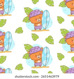 Seamless summer pattern with Cute bear surfer on white background with tropical leaves. Cartoon Funny Beach kawaii Animal character. Vector illustration. Kids collection