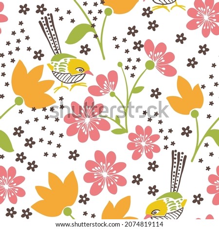 Seamless summer pattern with cute birds, flowers and leaves in naive style,  in vector graphics. For the design of wallpaper, prints for textiles, clothing, packaging,