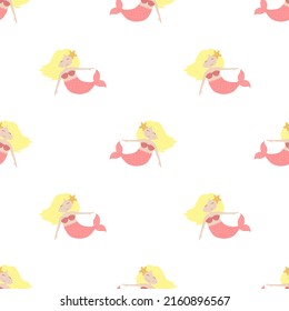 Seamless summer pattern with cute blonde mermaids with pink tail. Vector sea illustration for baby, holiday, background, print, clothes, girl, birthday. Marine hand-drawn image of a mermaid