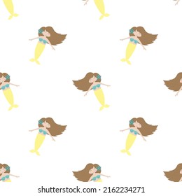 Seamless summer pattern with cute brunette mermaids with yellow tail. Vector sea illustration for baby, holiday, background, print, clothes, girl, birthday. Marine hand-drawn image of a mermaid
