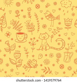 Seamless summer pattern with cute cartoon cats, birds and plants  on yellow  background. Vector contour image. Doodle style.