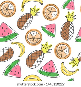 seamless summer pattern with cute cartoon fruits