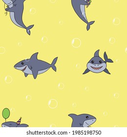 Seamless summer pattern with cute cartoon sharks on yellow background. Hand drawn vector illustration. Good for fabric print, baby clothes, greeting card, wrapping, wallpapers, etc.