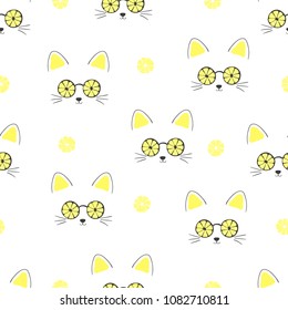 Seamless summer pattern with cute cats in sunglasses and lemons.