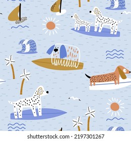 Seamless summer pattern and cute dogs surfboard  Childish texture and funny pets the beach  Vector illustration