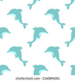 Seamless summer pattern with cute dolphins. Vector sea illustration for children, holiday, background, print, design, fabric, baby, card, girl, boy, birthday. Hand-drawn marine image of a dolphin