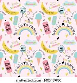 Seamless summer pattern with cute drawings and text. Hello summer. Ice cream, rainbow, hearts, banana and multi-colored letters. Banner, poster, print. Vector illustration.