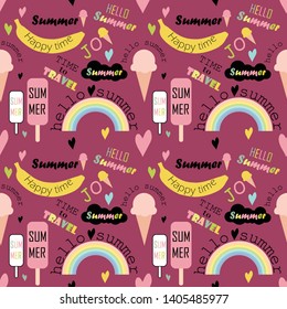 Seamless summer pattern with cute drawings and text on a dark pink background. Hello summer. Ice cream, rainbow, hearts, bananas and multi-colored letters. Banner, poster, print. Vector illustration