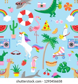 Seamless summer pattern with cute funny animals and plants