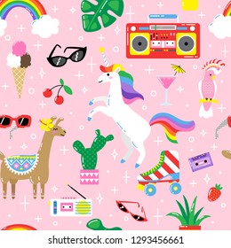 Seamless summer pattern with cute funny animals and plants