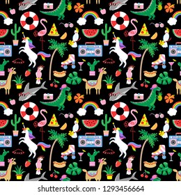 Seamless summer pattern with cute funny animals and plants