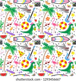 Seamless summer pattern with cute funny animals and plants