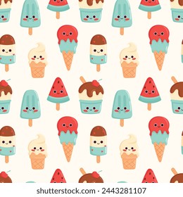 Seamless summer pattern with cute ice cream. Ice cream set with cute smiling faces in kawaii style. Seamless pattern with ice cream for summer prints, posters, wrapping paper