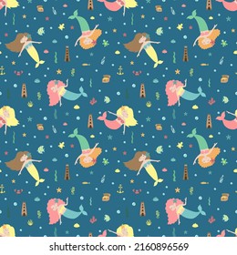 Seamless summer pattern with cute mermaids, castle, chest and sea animals. Vector marine illustration for child, holiday, background, print, clothes, girl, birthday. Hand-drawn image of a mermaid.