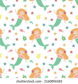 Seamless summer pattern with cute mermaids with red hair and green tail. Vector sea illustration for baby, holiday, background, print, clothes, girl, birthday. Marine image of mermaid, fish and turtle