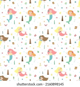 Seamless summer pattern with cute mermaids, castle, chest, fish and starfishes. Vector sea illustration for child, holiday, background, print, clothes, girl, birthday. Hand-drawn image of a mermaid.
