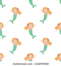 Seamless summer pattern with cute mermaids with red hair and green tail. Vector sea illustration for baby, holiday, background, print, clothes, girl, birthday. Marine hand-drawn image of a mermaid